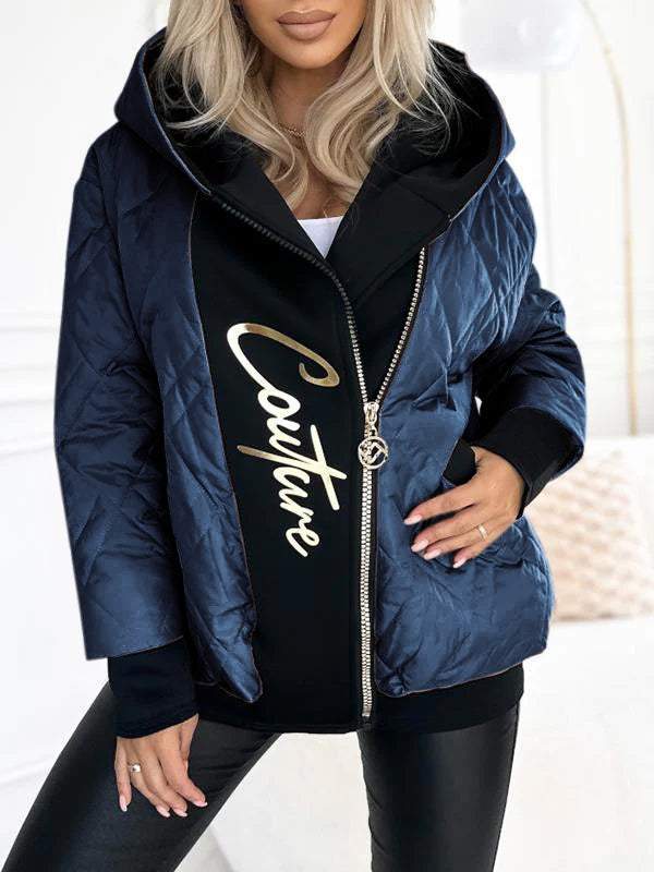 Women's Hooded Zipper Stitching Contrast Color Letter Print Casual Cotton Coat blue