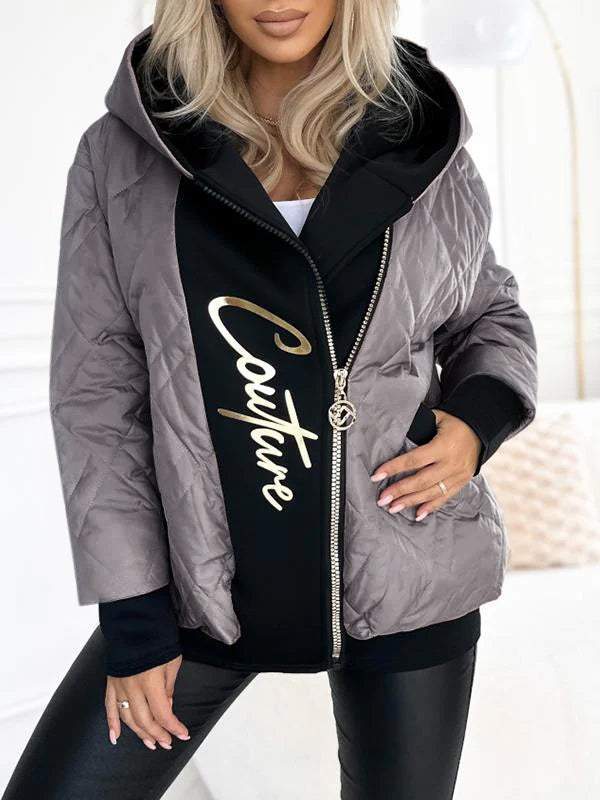 Women's Hooded Zipper Stitching Contrast Color Letter Print Casual Cotton Coat gray