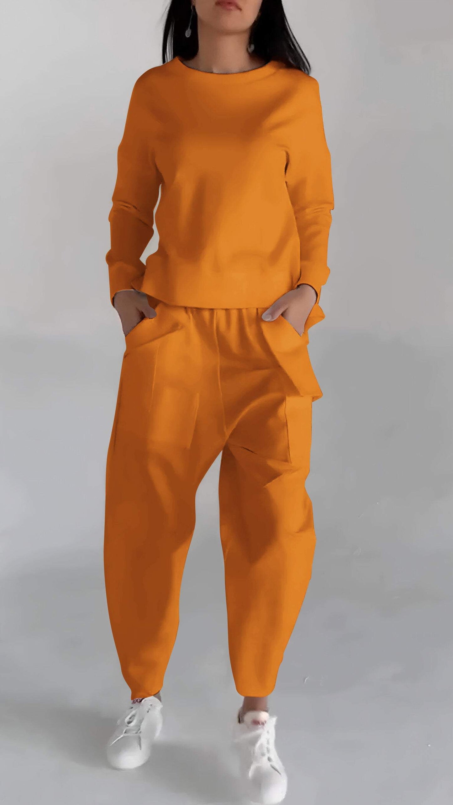 Casual Round Neck Long Sleeve Two Piece Suit orange