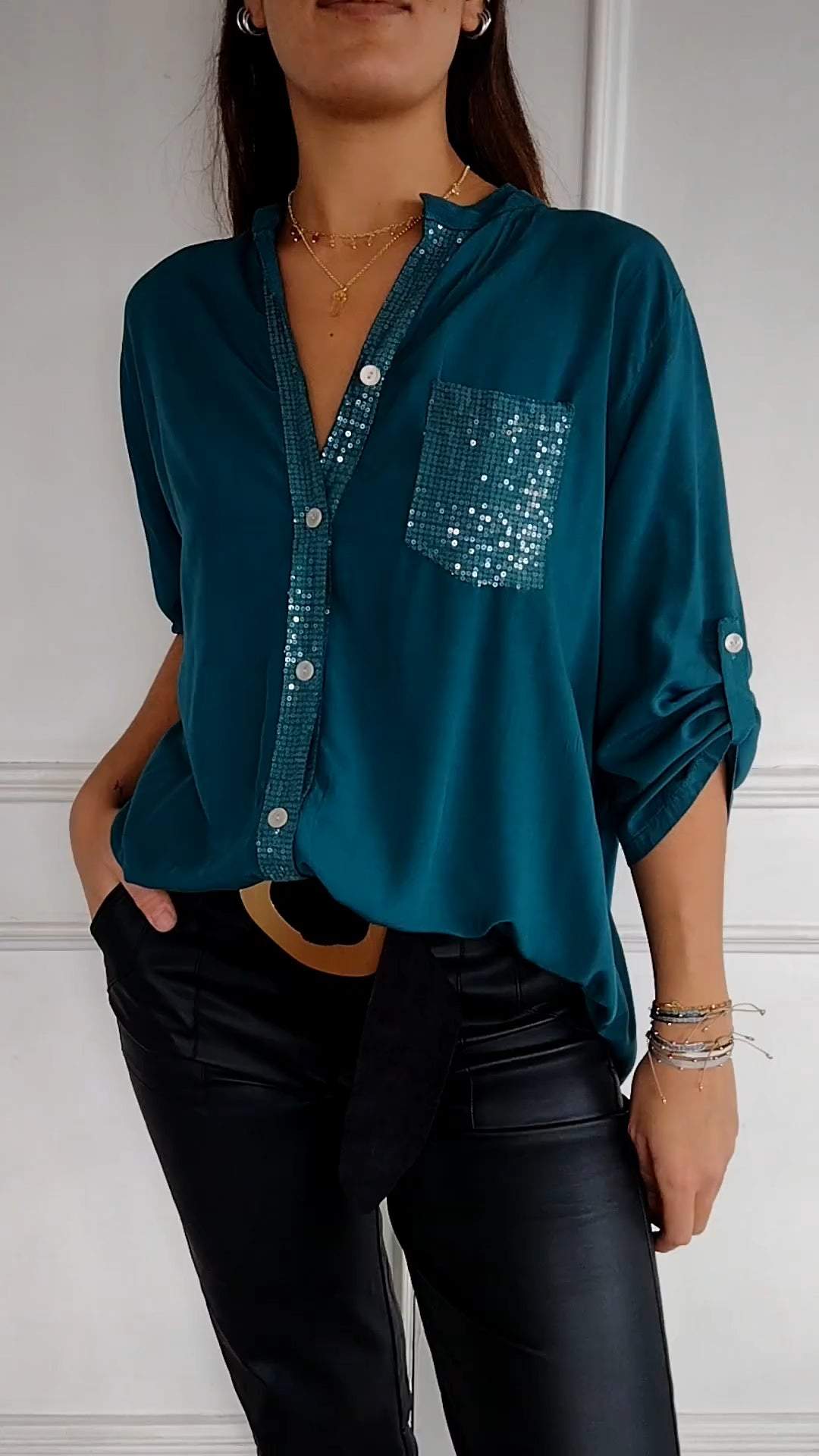 Cotton V-neck Sequin Mid-sleeve Casual Top Green Lake