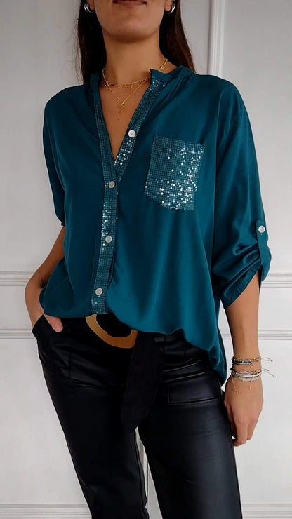 Cotton V-neck Sequin Mid-sleeve Casual Top Green Lake