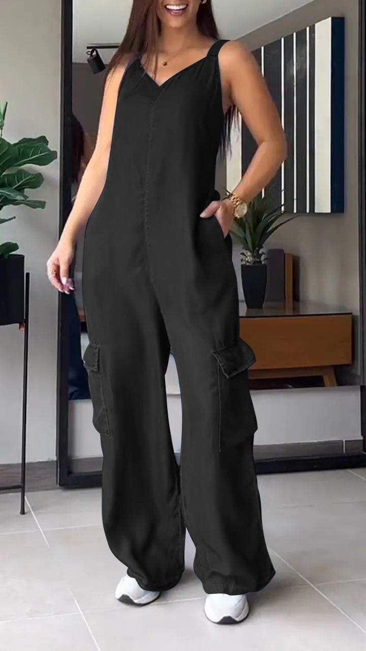 Thin Denim Cargo Pocket V-neck Jumpsuit Black