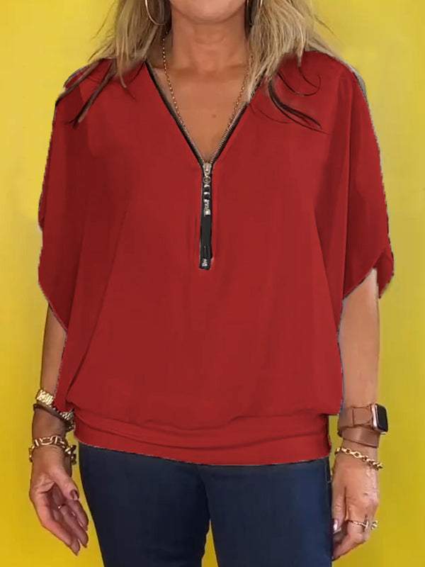 Chiffon Half-zip Short-sleeved Casual Top red