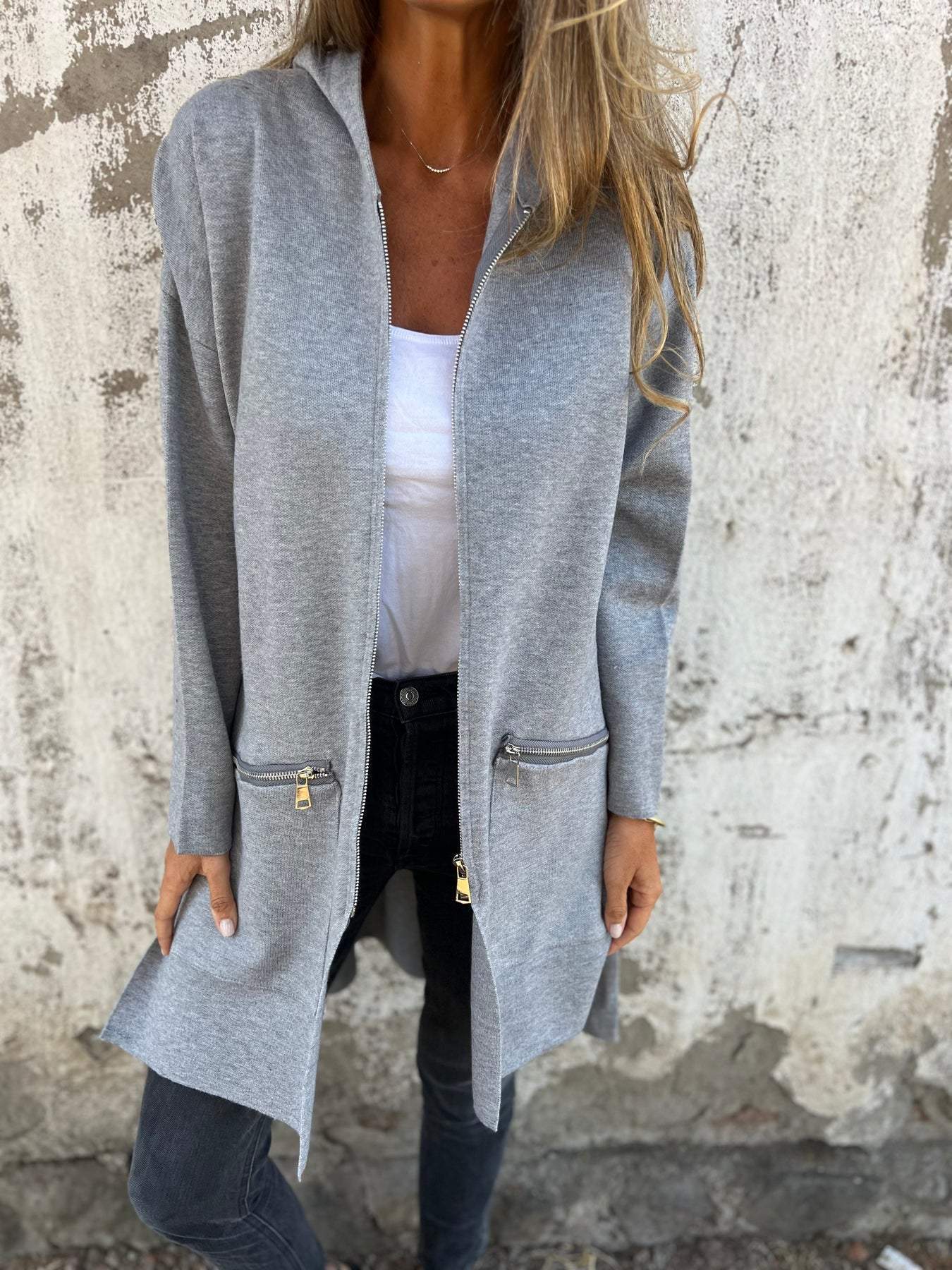 Round Neck Zipper Long Sleeve Casual Jacket gray