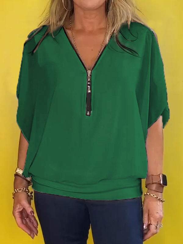 Chiffon Half-zip Short-sleeved Casual Top green