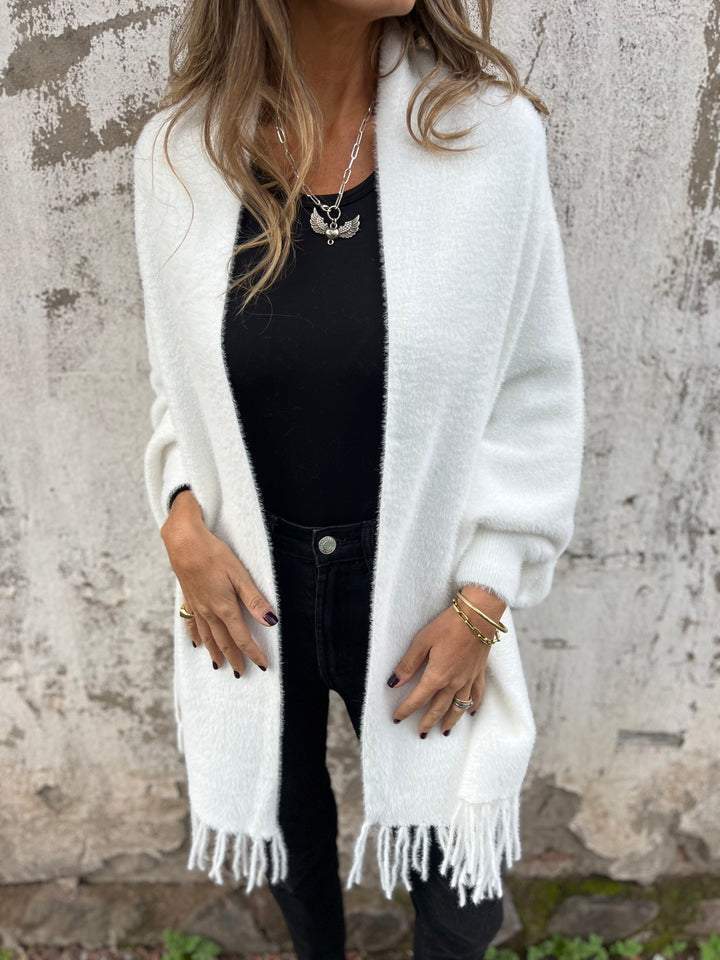 Women's Long Sleeve Casual Tassel Shawl Coat white