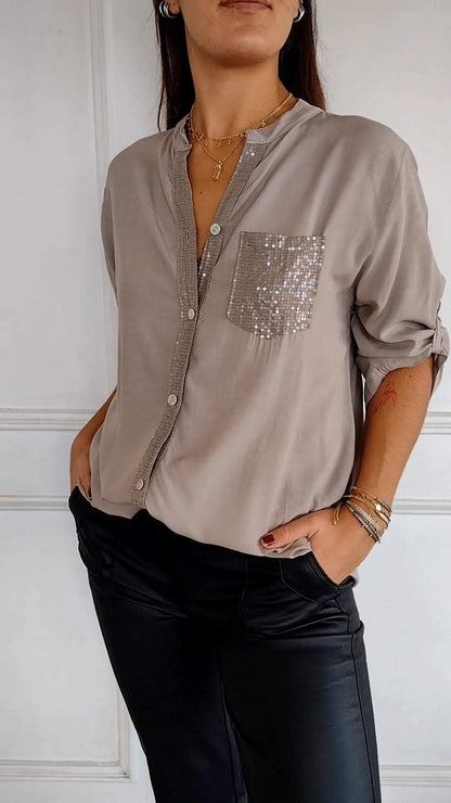 Cotton V-neck Sequin Mid-sleeve Casual Top khaki