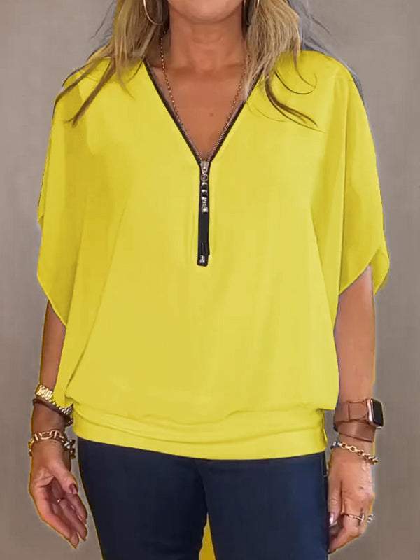 Chiffon Half-zip Short-sleeved Casual Top yellow