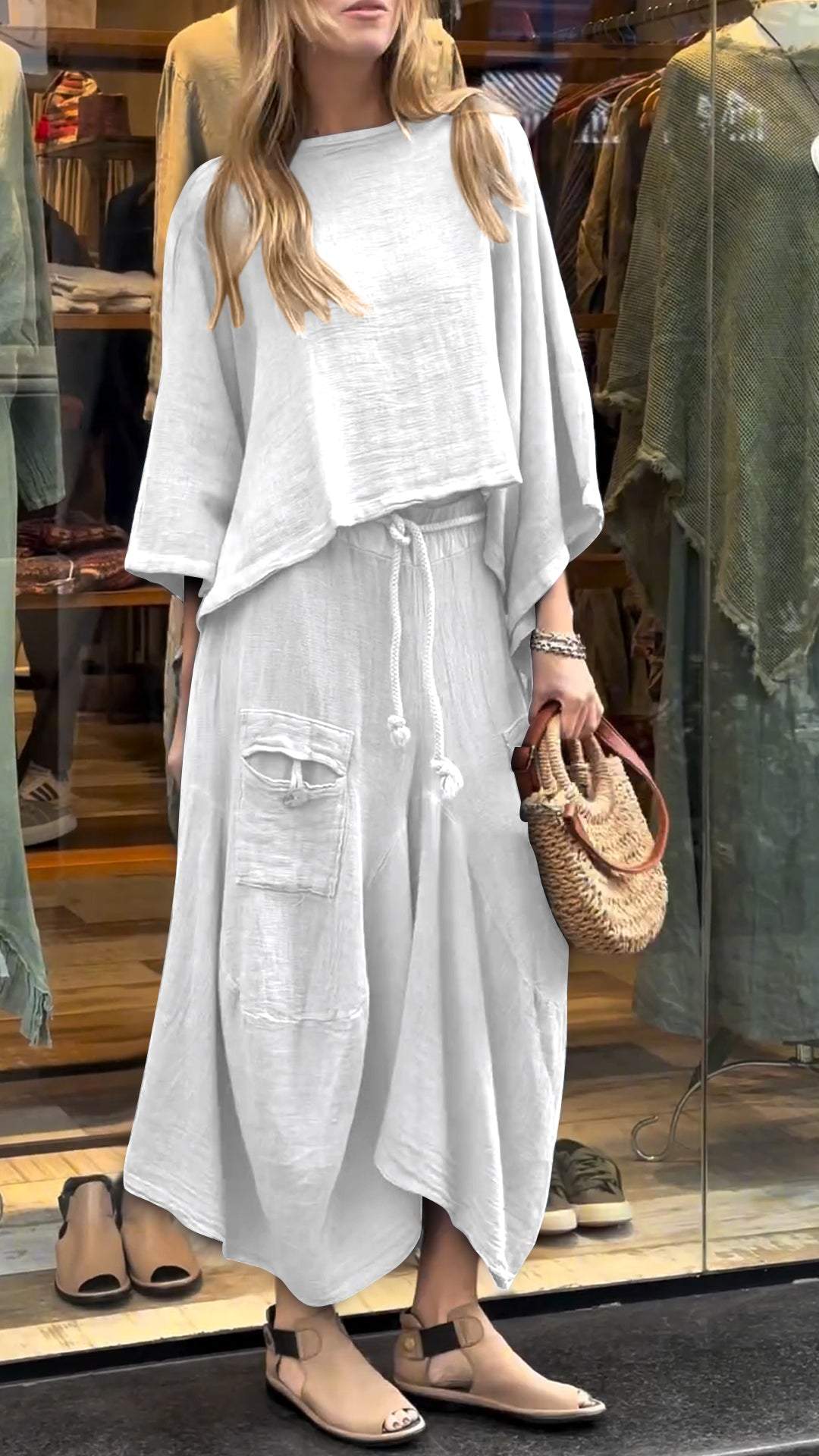 Women's Round Neck Mid-length Sleeve Casual Cotton and Linen Suit white