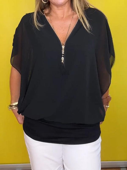 Chiffon Half-zip Short-sleeved Casual Top black