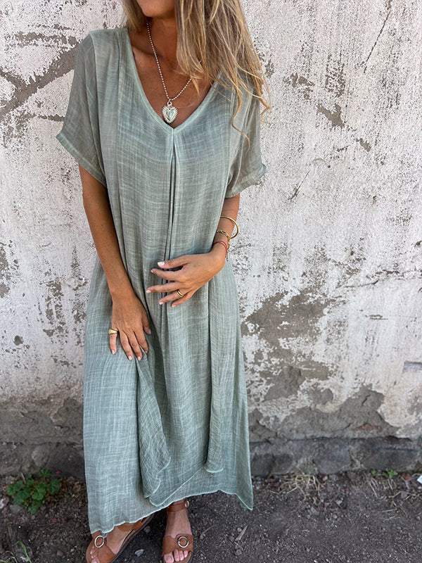 Cotton and Linen V-neck Midi Dress