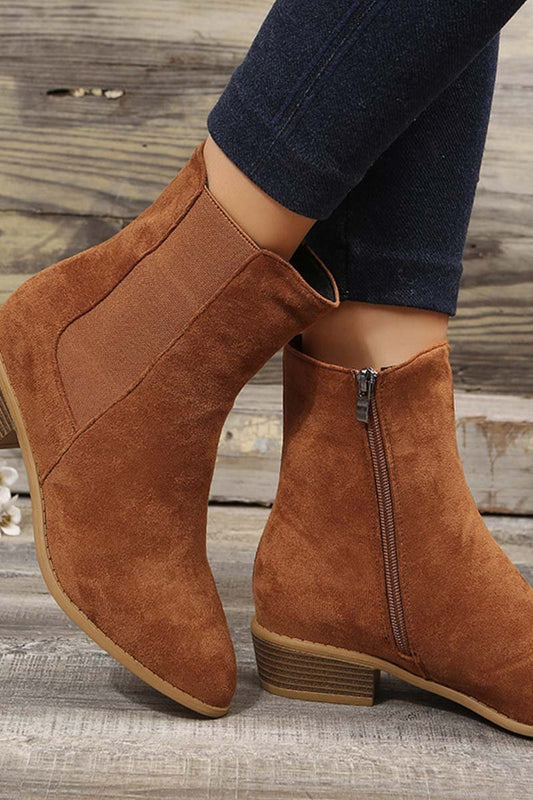 Women's Suede Side Zip Block Heel Martin Boots Brown