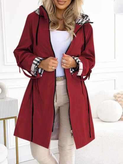 Women's Hooded Zipper Drawstring Plaid Print Casual Long Coat red