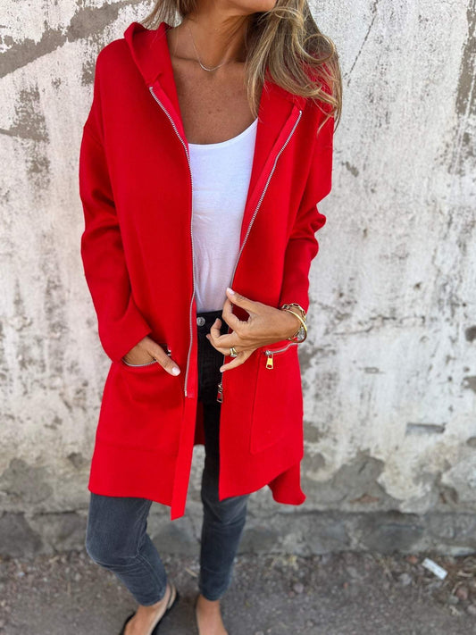 Round Neck Zipper Long Sleeve Casual Jacket red