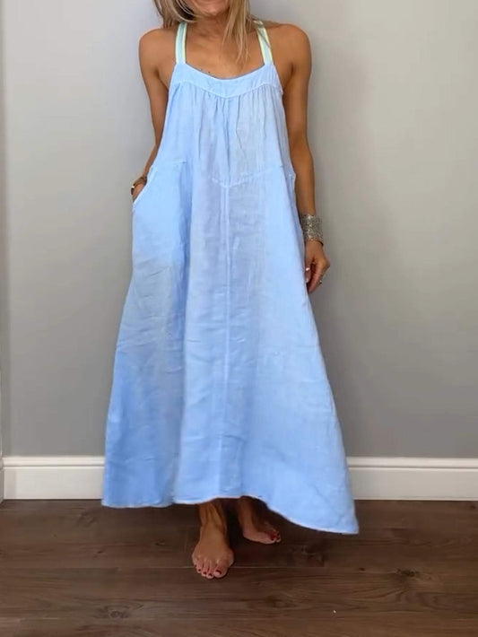 Solid Cotton and Linen Slip Dress Blue