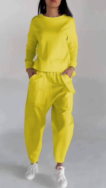 Casual Round Neck Long Sleeve Two Piece Suit yellow