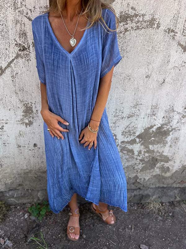 Cotton and Linen V-neck Midi Dress blue