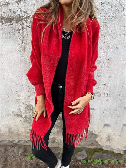 Women's Long Sleeve Casual Tassel Shawl Coat red