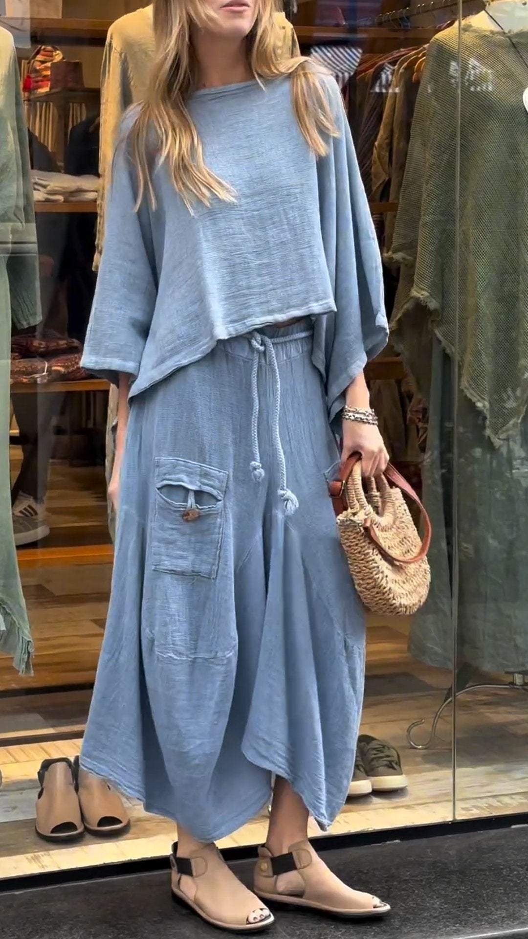 Women's Round Neck Mid-length Sleeve Casual Cotton and Linen Suit blue