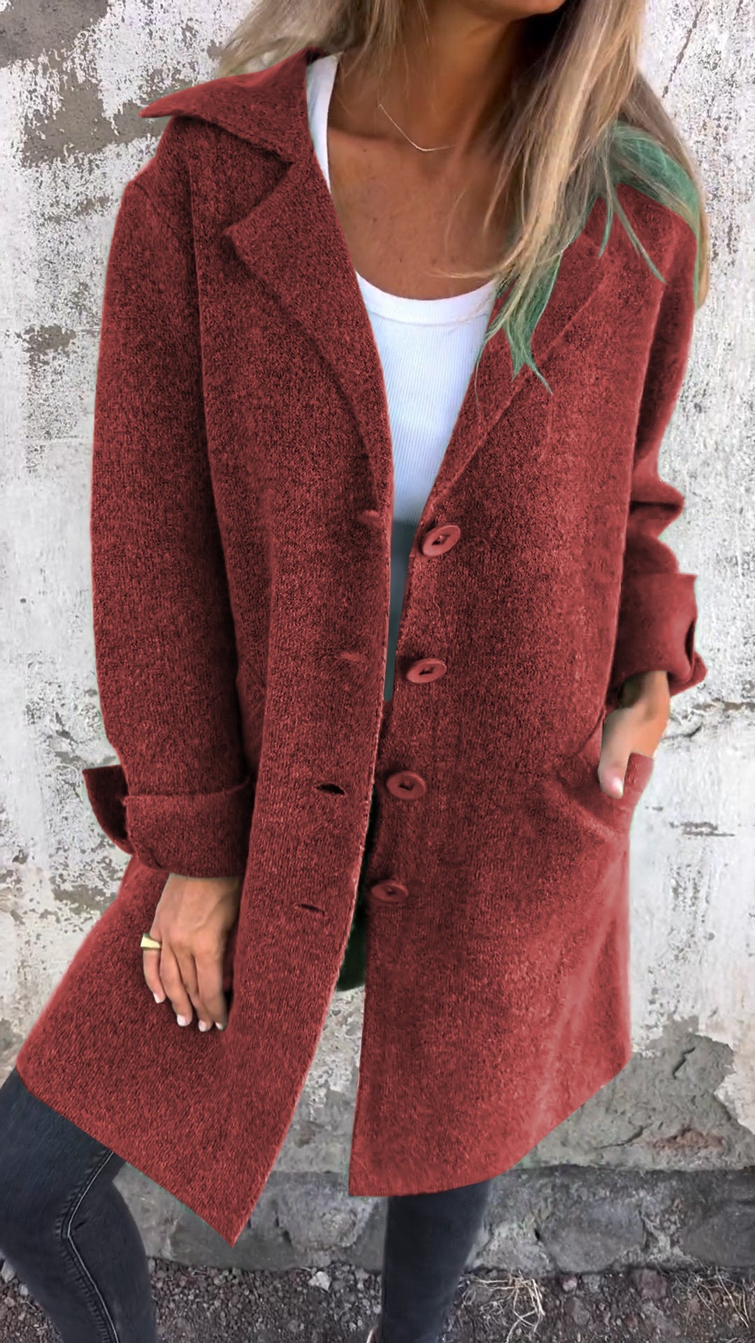 Casual Lapel Single-breasted Long Coat red