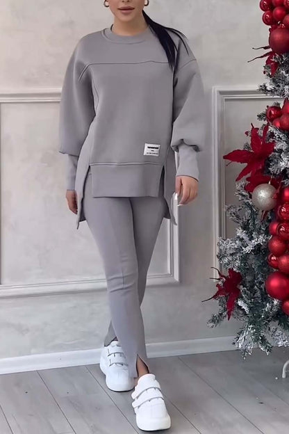 Women's Casual Solid Color Round Neck Long Sleeve Slit Hem Sweatshirt Leggings Set Gray