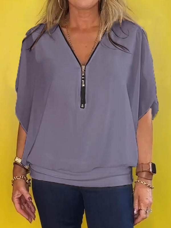 Chiffon Half-zip Short-sleeved Casual Top gray