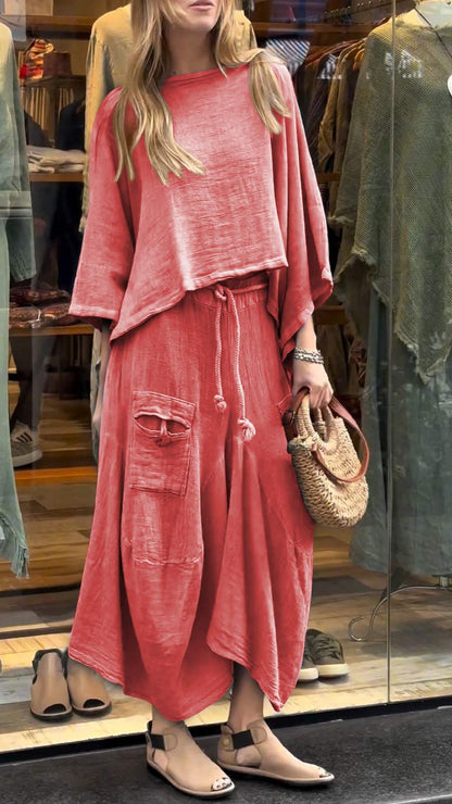 Women's Round Neck Mid-length Sleeve Casual Cotton and Linen Suit red