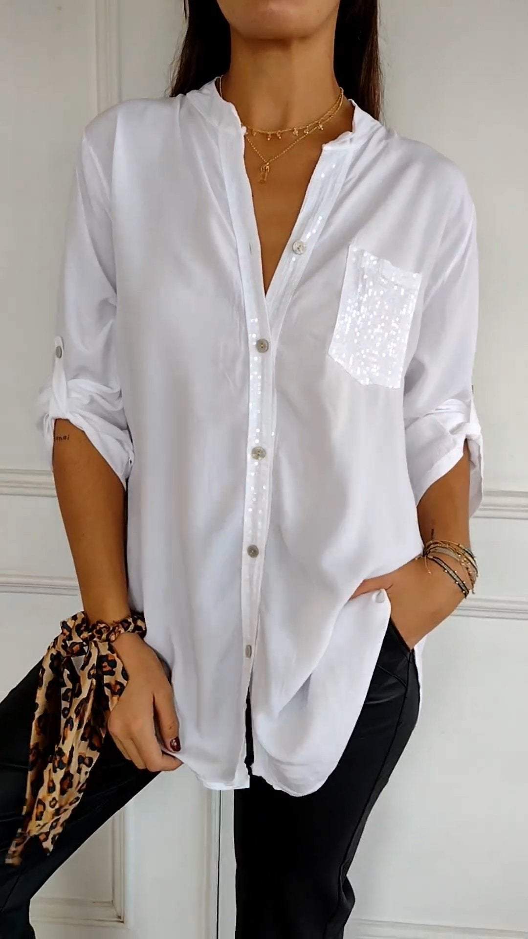 Cotton V-neck Sequin Mid-sleeve Casual Top white