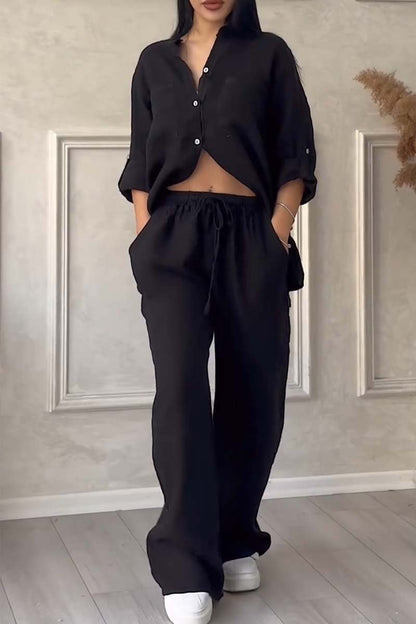 Casual solid color cotton and linen pants two-piece set Black