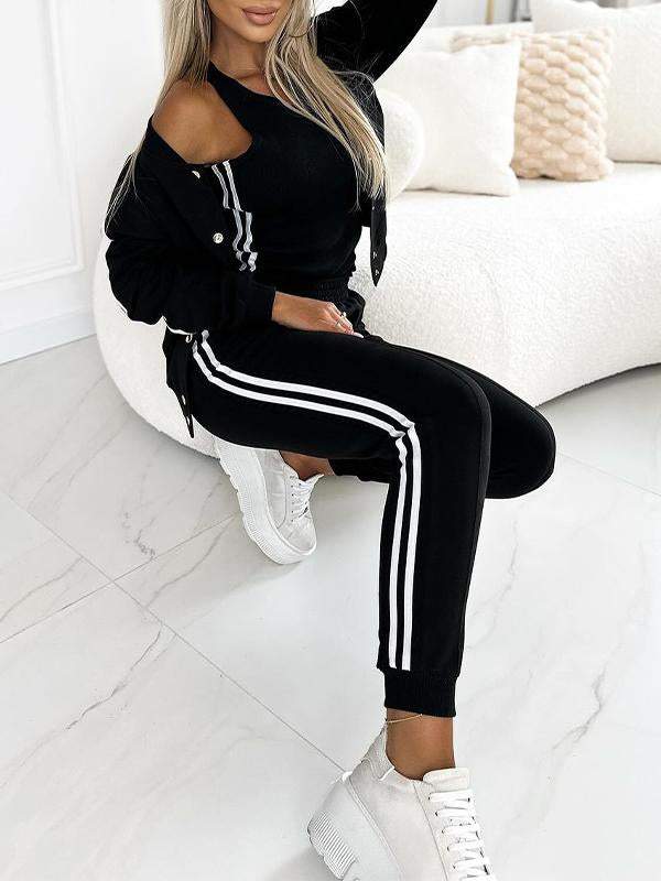 Casual Sports Fashion Cardigan Suit black Three Piece Set