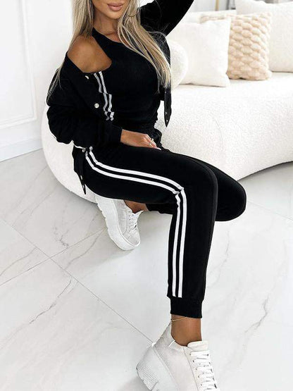 Casual Sports Fashion Cardigan Suit black Three Piece Set