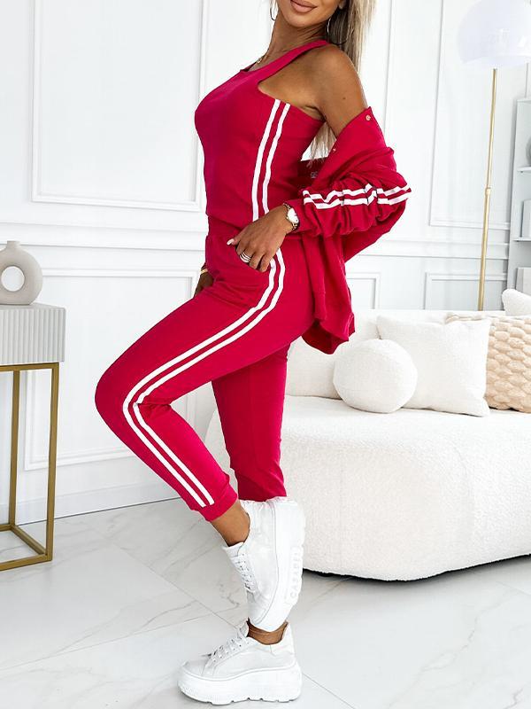 Casual Sports Fashion Cardigan Suit rose red Vest + Pants (Two-Piece Set)