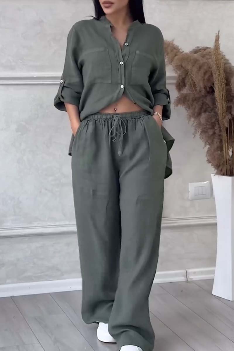 Casual solid color cotton and linen pants two-piece set ArmyGreen