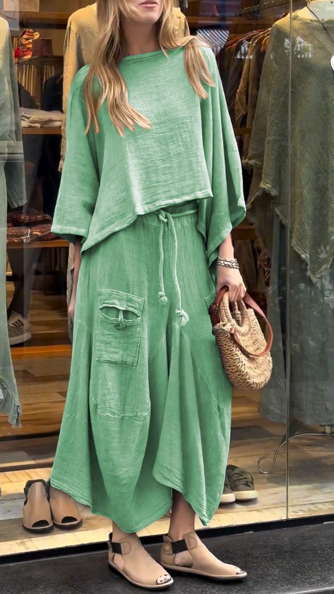 Women's Round Neck Mid-length Sleeve Casual Cotton and Linen Suit green