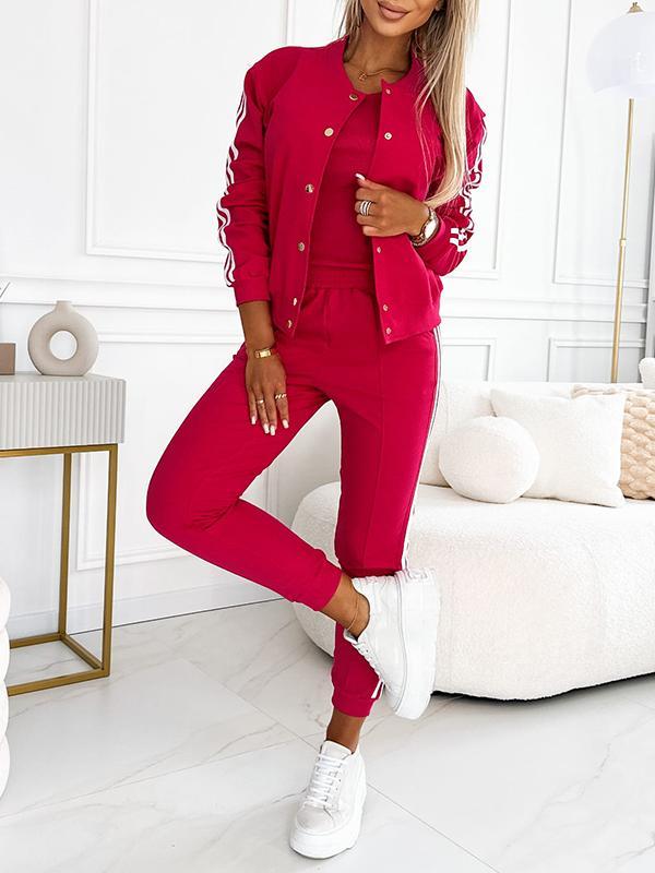 Casual Sports Fashion Cardigan Suit rose red Three Piece Set