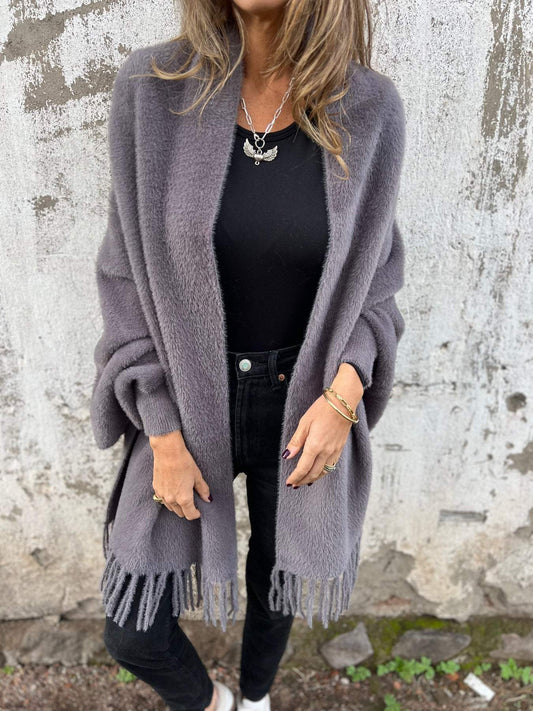 Women's Long Sleeve Casual Tassel Shawl Coat gray