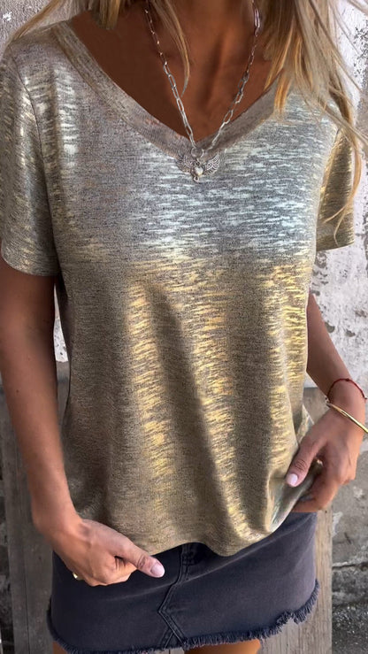 Hot Stamping Short-sleeved T-shirt gold V-neck top