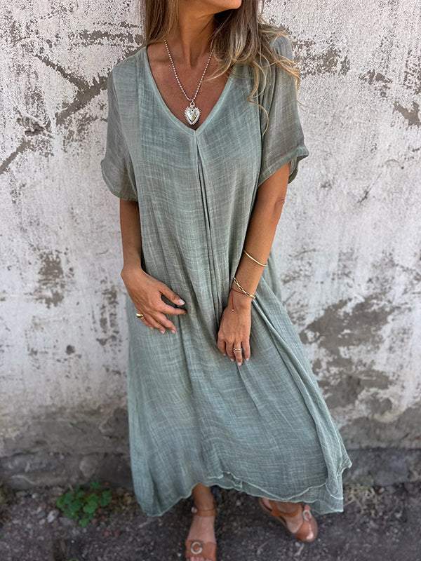 Cotton and Linen V-neck Midi Dress gray cyan