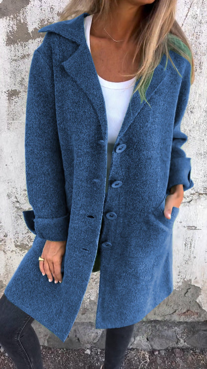 Casual Lapel Single-breasted Long Coat blue