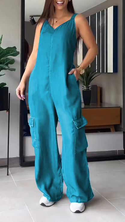 Thin Denim Cargo Pocket V-neck Jumpsuit turquoise