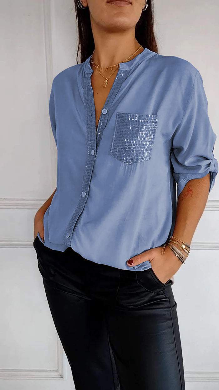 Cotton V-neck Sequin Mid-sleeve Casual Top Blue