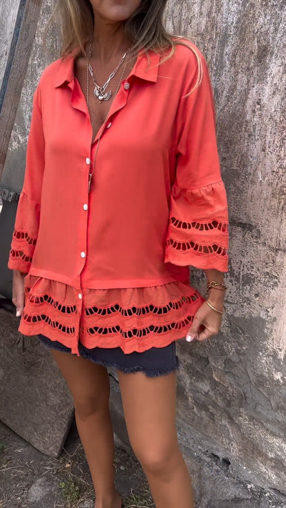 Mid-sleeve Shirt with Hollow Patchwork Design orange