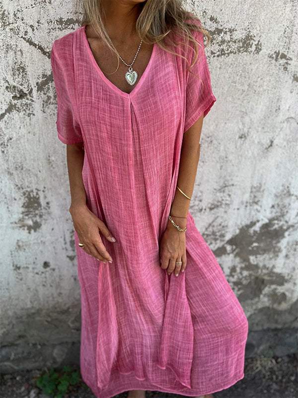 Cotton and Linen V-neck Midi Dress pink