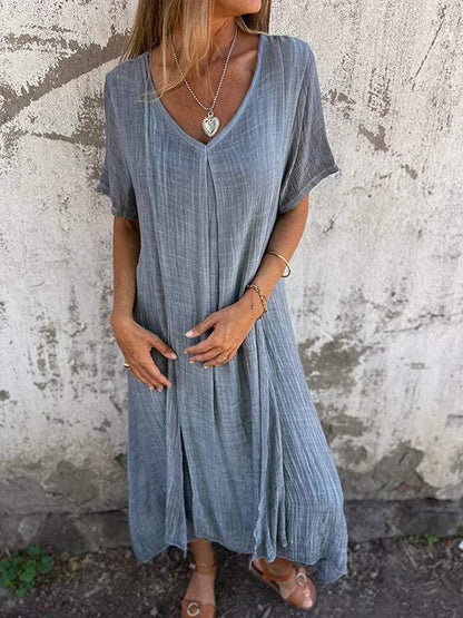 Cotton and Linen V-neck Midi Dress gray