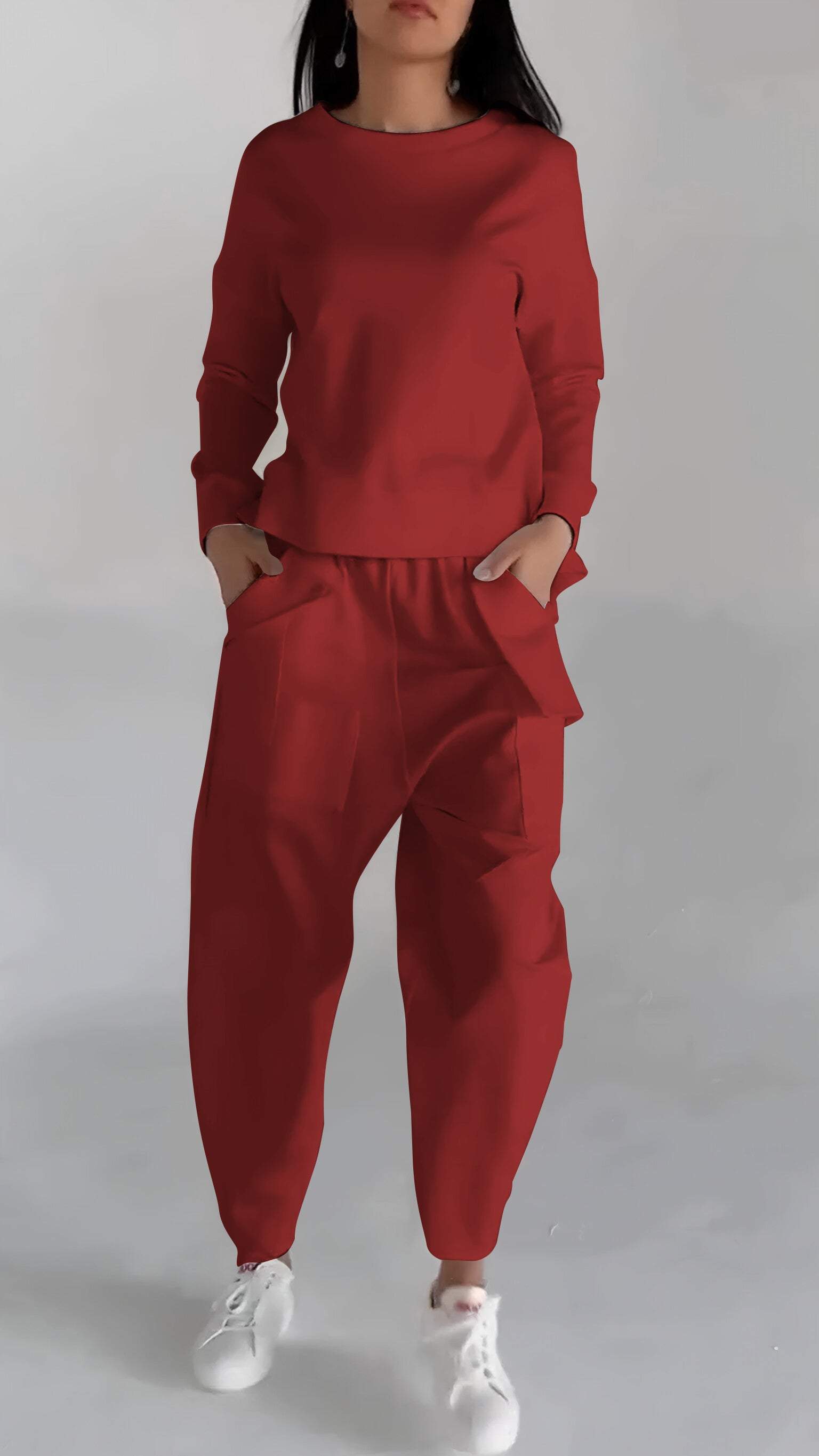 Casual Round Neck Long Sleeve Two Piece Suit red