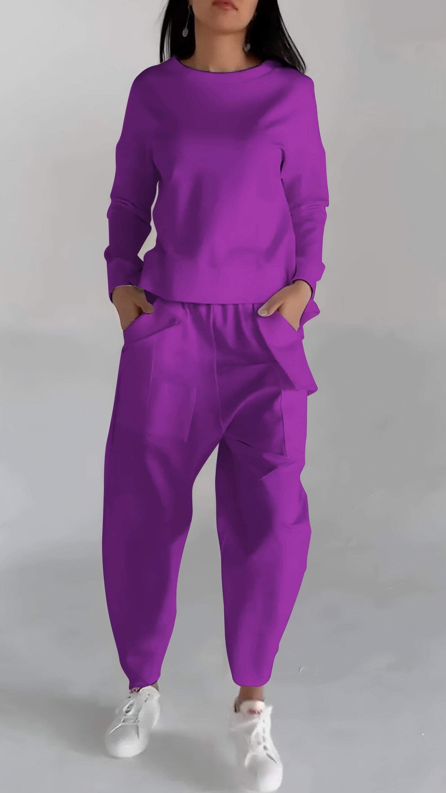 Casual Round Neck Long Sleeve Two Piece Suit purple