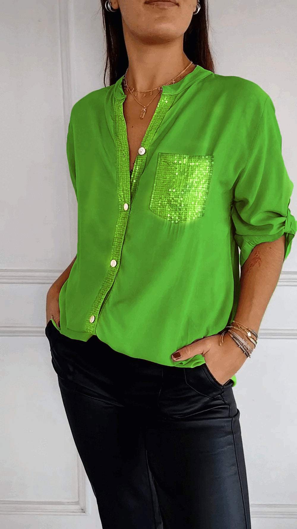 Cotton V-neck Sequin Mid-sleeve Casual Top Green