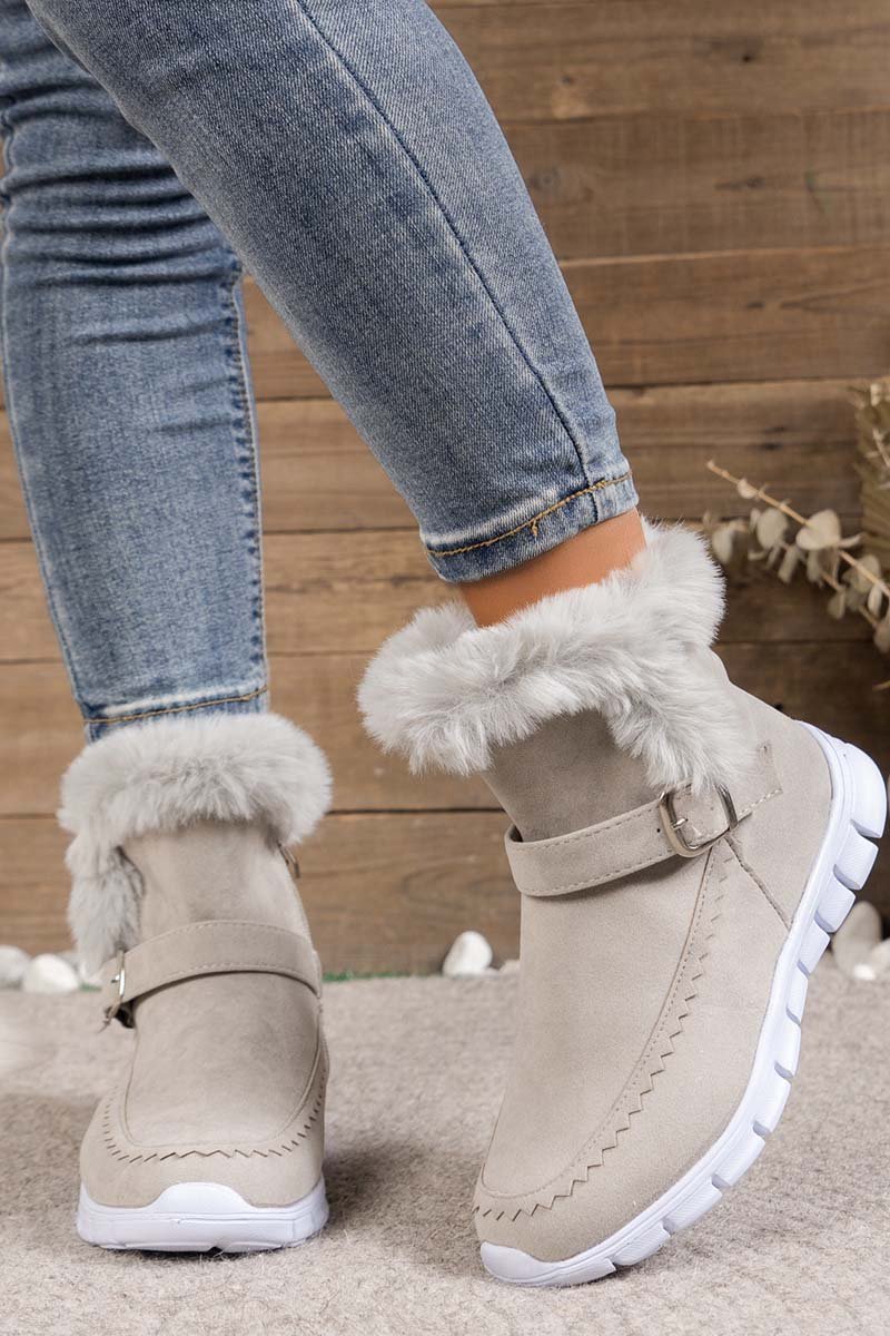 Women's round toe flat buckle side zipper thickened short boots Light Gray