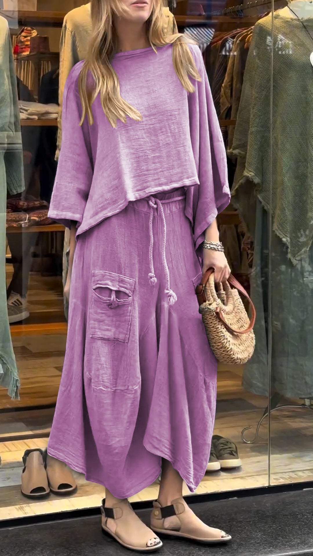 Women's Round Neck Mid-length Sleeve Casual Cotton and Linen Suit purple