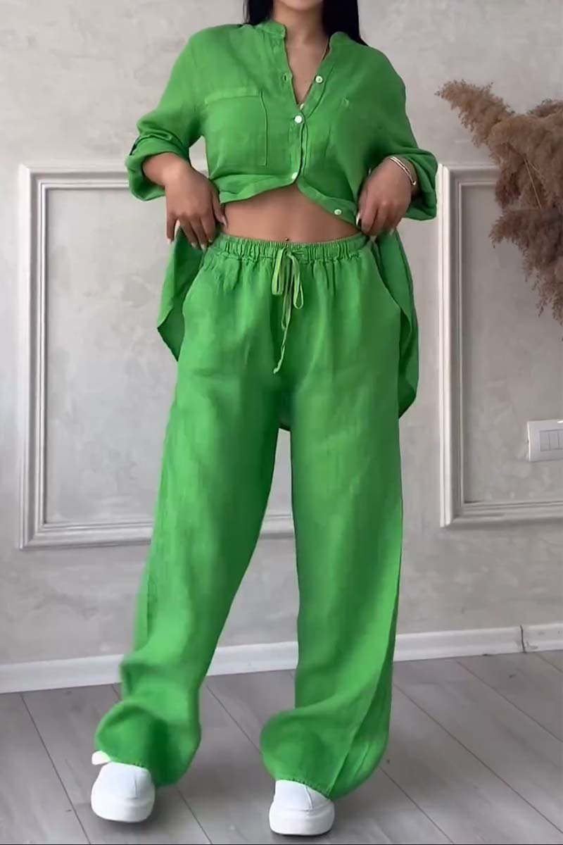 Casual solid color cotton and linen pants two-piece set Green